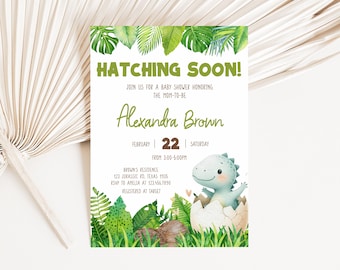Editable Dinosaur Baby Shower Invitation, Hatching Soon Cute Dino Baby Shower Invitation, Neutral Greenery Dino Baby Shower Invite Set 01038