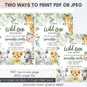 Puede incluir: Dos invitaciones imprimibles para una fiesta de bienvenida al beb&eacute; con tem&aacute;tica de la jungla con una jirafa, un mono, un le&oacute;n, una cebra y un rinoceronte. El texto dice "&iexcl;Un peque&ntilde;o salvaje est&aacute; en camino!" e incluye el nombre "Samantha Smith" y los detalles del evento. Las invitaciones est&aacute;n disponibles en formatos PDF y JPEG.