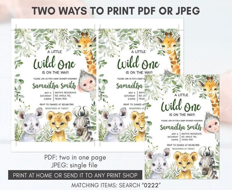 Puede incluir: Dos invitaciones imprimibles para una fiesta de bienvenida al beb&eacute; con tem&aacute;tica de la jungla con una jirafa, un mono, un le&oacute;n, una cebra y un rinoceronte. El texto dice "&iexcl;Un peque&ntilde;o salvaje est&aacute; en camino!" e incluye el nombre "Samantha Smith" y los detalles del evento. Las invitaciones est&aacute;n disponibles en formatos PDF y JPEG.