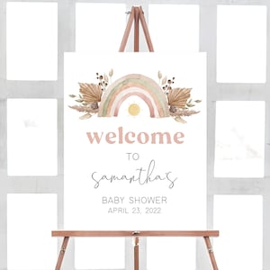 Rainbow Baby Shower Welcome Sign Boho Baby Shower Sign A Little Ray of Sunshine Welcome Sign Decor Boho Rainbow Girl Printable Template 0196