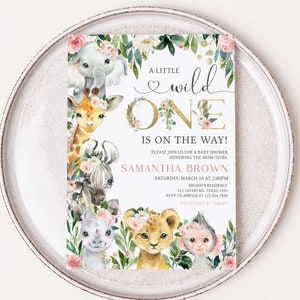Editable A Little Wild One Jungle Baby Shower Invitation Bundle, Girl Jungle Baby Shower Invite Set, Greenery Floral Safari Baby Shower 0602 image 3