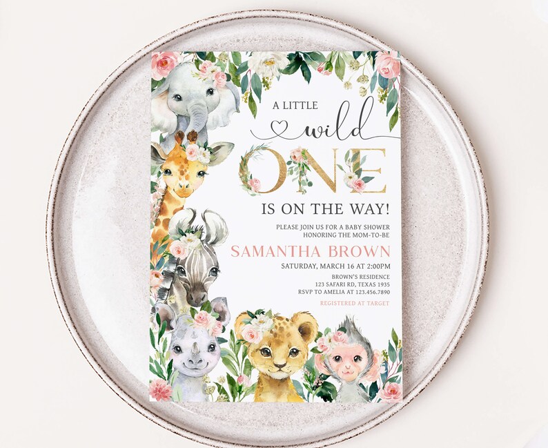 Editable A Little Wild One Jungle Baby Shower Invitation Bundle, Girl Jungle Baby Shower Invite Set, Greenery Floral Safari Baby Shower 0602 image 3