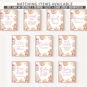 May include: A collection of framed signs with a Christmas theme. Each sign features watercolor illustrations of gingerbread men, Christmas trees, and cookies. Text on the signs includes phrases like "Mom-osa Bar" and "Favors".