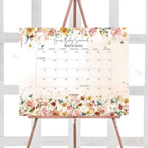 Bearbeitbarer Gartenblumen-Babyparty-Fälligkeitskalender, Blumen-Babypartykalender, Frühlingsblumen-Geburtstagsvorhersagen-Spielvorlage 0240
