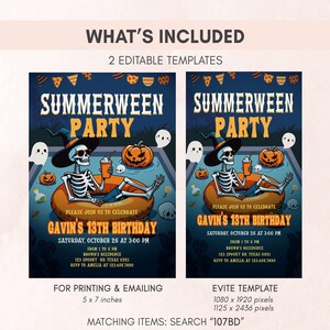 two identical Halloween-themed party invitation designs for Gavin's 13th birthday. The invitations feature a skeleton wearing a witch's hat and a pumpkin, along with other Halloween-related elements. The text includes details about the party, such as the date, time, location, and guest list. The image also includes instructions for printing and emailing, as well as a reference to a matching items search for the template.