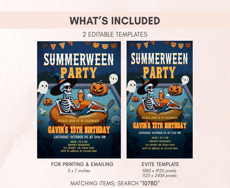 two identical Halloween-themed party invitation designs for Gavin's 13th birthday. The invitations feature a skeleton wearing a witch's hat and a pumpkin, along with other Halloween-related elements. The text includes details about the party, such as the date, time, location, and guest list. The image also includes instructions for printing and emailing, as well as a reference to a matching items search for the template.