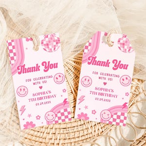 Editable Retro Smiley Face Birthday Favor Tag, Pink Checkered Smiley Face Tag, Preppy Tween Birthday Gift Tag, Happy Face Birthday Tags 75BD