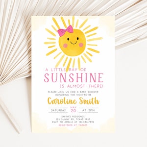 Editable Girl Sunshine Baby Shower Invitation, A Little Ray of Sunshine Baby Shower Invite, Pink Sun Baby Shower Invitation Template, 0254