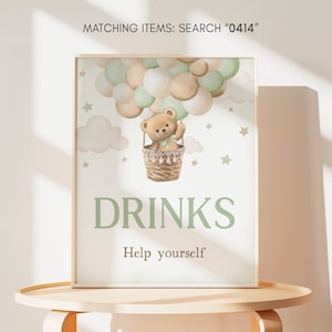 Green Bear Baby Shower Drinks Sign, We Can Bearly Wait Baby Shower Drinks Table Sign, Gender Neutral Boho Bear Baby Shower Drink Sign 0414