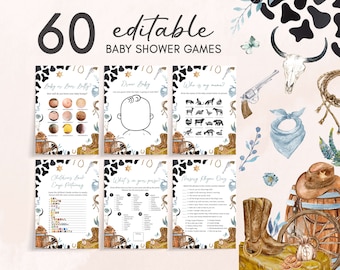 Editable Cowboy Baby Shower Games Bundle, Rodeo Baby Shower Game Pack, A Little Cowboy Is On The Way, Wild West Baby Shower Games, 0723