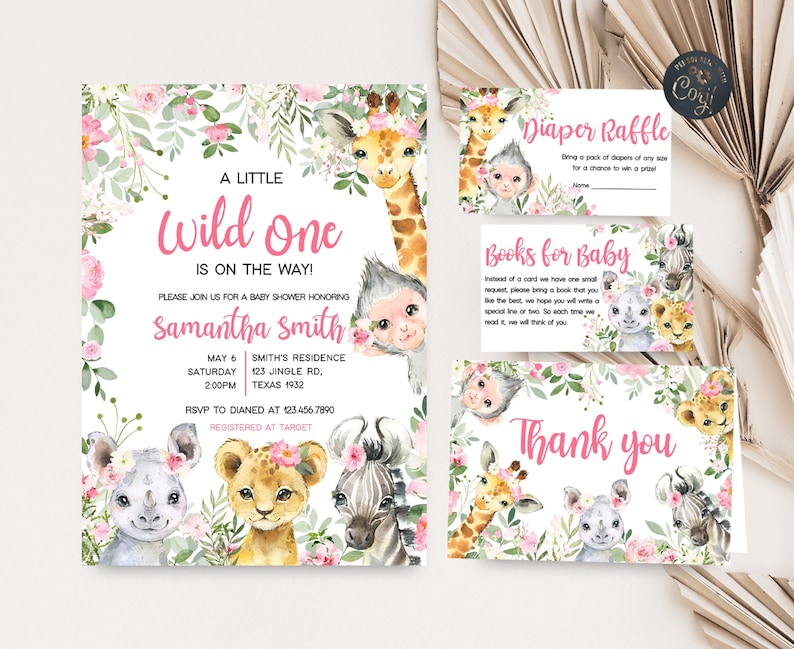 May include: A pink and green baby shower invitation with a jungle theme. The invitation features a giraffe, monkey, zebra, lion, and rhinoceros. The text reads "A Little Wild One is on the Way!" and includes the name "Samantha Smith", the date and time of the shower, and the location. The invitation also includes a diaper raffle and books for baby request cards.