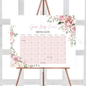 Bearbeitbarer Baby in Bloom Blush Babyparty Fälligkeitsdatumskalender Boho Bogen Rosa Rosen Babypartykalender, Frühlingsrosa Blumenbabyankunft, 0999