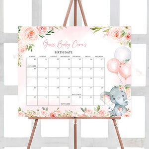 Editable Pink Elephant Baby Shower Due Date Calendar, Girl Elephant Balloon Baby Shower Calendar, Pink Balloon Girl Baby Shower Game, 0615 image 1
