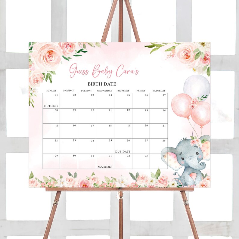 Editable Pink Elephant Baby Shower Due Date Calendar, Girl Elephant Balloon Baby Shower Calendar, Pink Balloon Girl Baby Shower Game, 0615 image 1