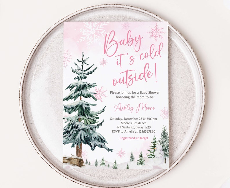 Bebé editable hace frío afuera invitación de baby shower, invitación de baby shower del país de las maravillas de invierno de niña, invitación de baby shower de copo de nieve rosa, 0544 imagen 1