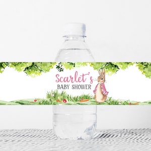 Editable Pink Peter Rabbit Baby Shower Bottle Label, Girl Rustic Bunny Baby Shower Water Label, Spring Garden Party Printable Template 0241
