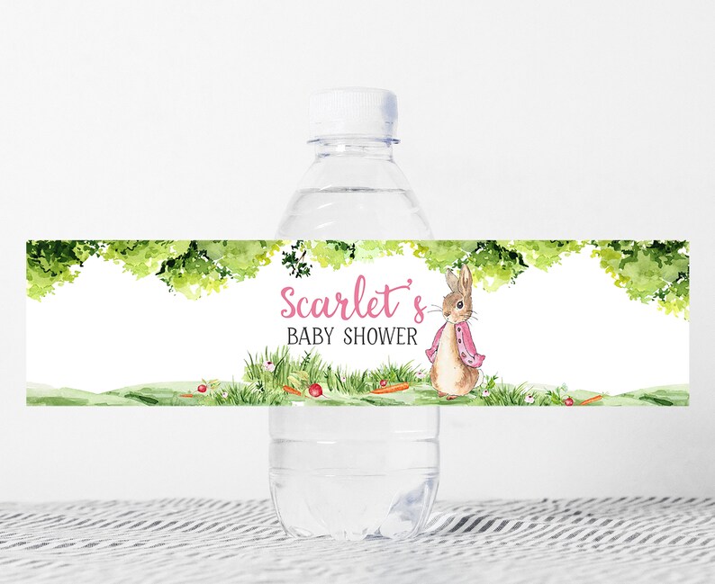 Editable Pink Peter Rabbit Baby Shower Bottle Label, Girl Rustic Bunny Baby Shower Water Label, Spring Garden Party Printable Template 0241 image 1