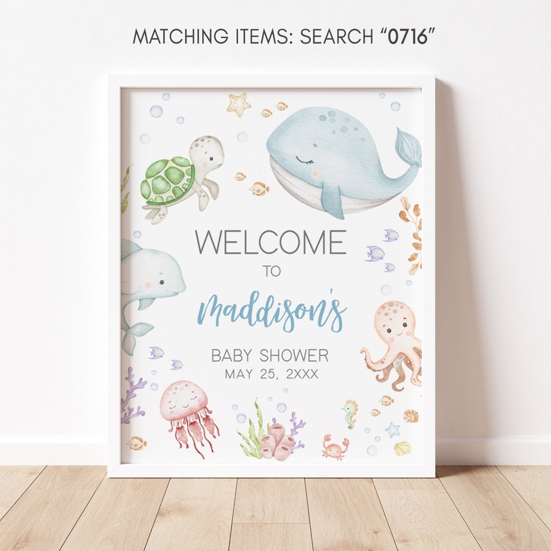 Editable Under The Sea Baby Shower Welcome Sign, Neutral Nautical Baby Shower Welcome Poster, Sea Creatures Ocean Baby Shower Sign, 0716 image 3