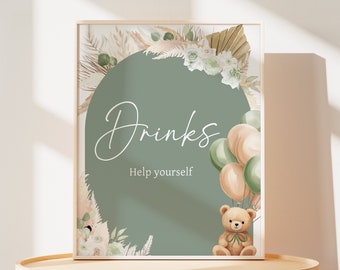 Gender Neutral Bear Baby Shower Drink Sign, Green Bear Boho Baby Shower Drinks Table Sign, Sage Green Balloons Baby Shower Decor Signs, 0693