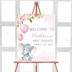 Signo de bienvenida de baby shower de elefante rosa rubor editable, signo de bienvenida de elefante bebé niña, plantilla imprimible de signo de baby shower floral rosa 0233
