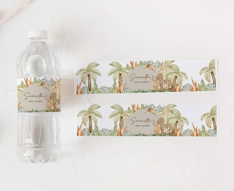 Editable Dinosaur Baby Shower Bottle Label, Baby Dinosaur Boho Baby Shower Water Label, Gender Neutral Dino Baby Shower Bottle Sticker, 0666 image 3