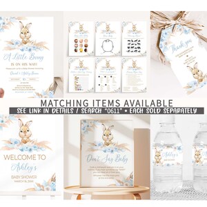 Editable Boy Rabbit Baby Shower Bottle Label, Blue Boho Rabbit Baby Shower Water Label, Pampas Grass Boy Bunny Water Bottle Stickers, 0611 image 2