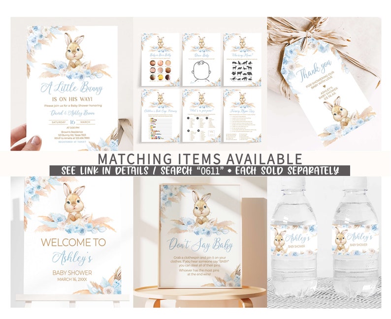 Editable Boy Rabbit Baby Shower Bottle Label, Blue Boho Rabbit Baby Shower Water Label, Pampas Grass Boy Bunny Water Bottle Stickers, 0611 image 2
