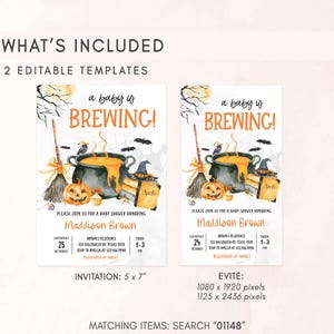 two editable template designs for a baby shower invitation. The invitation features a Halloween theme with a pot of bubbling soup, bats, and pumpkins. The text includes details about the event, such as the date, time, location, and RSVP information.
