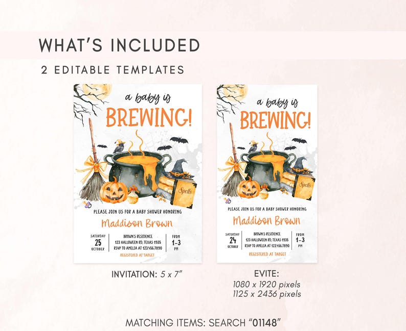 two editable template designs for a baby shower invitation. The invitation features a Halloween theme with a pot of bubbling soup, bats, and pumpkins. The text includes details about the event, such as the date, time, location, and RSVP information.