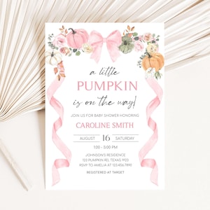 Editable Little Pumpkin Baby Shower Invitation, Pink Pumpkin Fall Baby Shower Invite, Girl Bow Floral Pumpkin Baby Shower Invitation, 01110