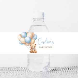 Bearbeitbares Boho Braunbär-Babyparty-Flaschenetikett, Blaue Ballon-Babyparty-Wasseretiketten, Wir können Bären-Wasserflaschenaufkleber warten, 0672 Bild 1