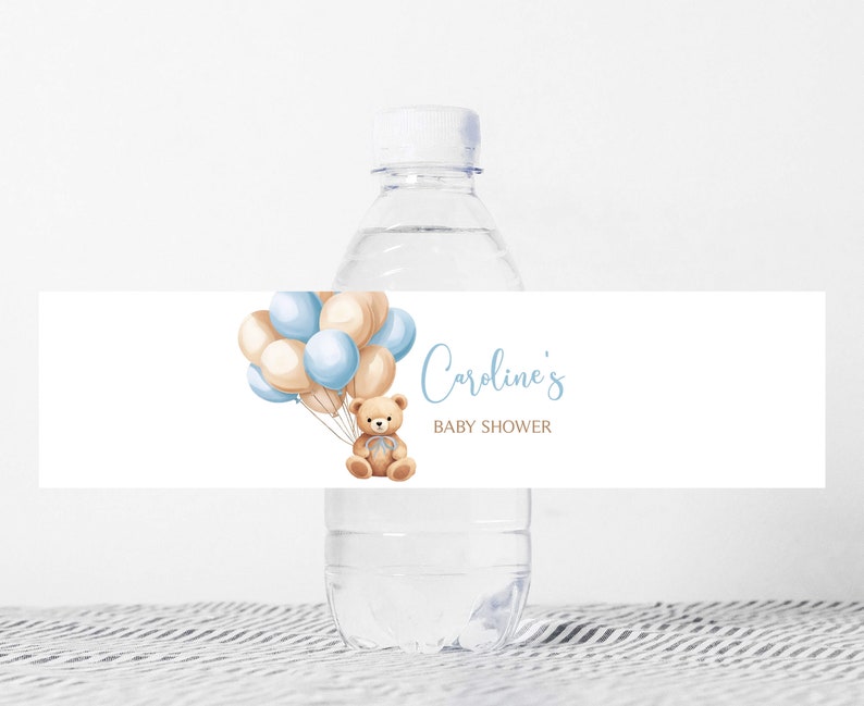 Bearbeitbares Boho Braunbär-Babyparty-Flaschenetikett, Blaue Ballon-Babyparty-Wasseretiketten, Wir können Bären-Wasserflaschenaufkleber warten, 0672 Bild 1
