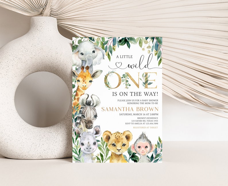 Editable A Little Wild One Baby Shower Invitation, Jungle Safari Baby Shower Invite, Greenery Safari Animals Baby Shower Invitation, 0601 image 1
