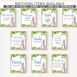 May include: A set of 10 printable signs featuring Peter Rabbit illustrations. The signs are for a baby shower and include titles like "Mom-osa Bar", "Books & Gifts", "Don't Say Baby", "Drinks", "Favors", "Food", "Late Night Diapers", "Babies are Sweet", "Diaper Raffle", and "Please help the mom-to-be by making yourself the addressee".
