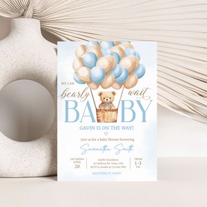 Lot d'invitations modifiables pour baby shower ours montgolfière, ensemble d'invitations baby shower garçon We Can Bearly Wait, baby shower bohème ours bleu, 0700 image 3