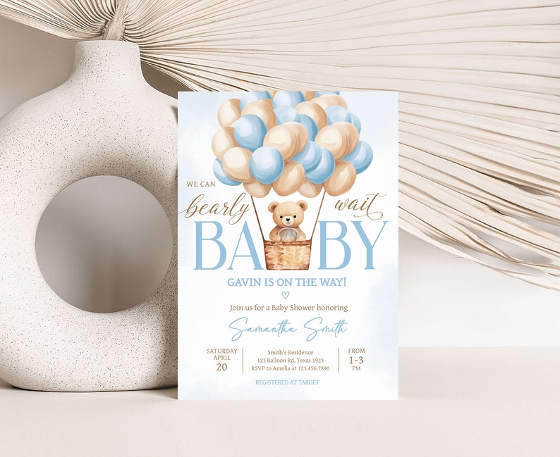 Lot d'invitations modifiables pour baby shower ours montgolfière, ensemble d'invitations baby shower garçon We Can Bearly Wait, baby shower bohème ours bleu, 0700 image 3
