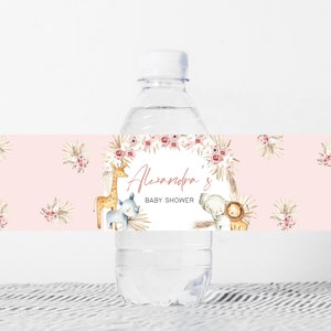 Editable Boho Safari Baby Shower Bottle Label, Pink Floral Jungle Baby Shower Water Labels, Girl Safari Animals Boho Bottle Stickers, 0309 image 1