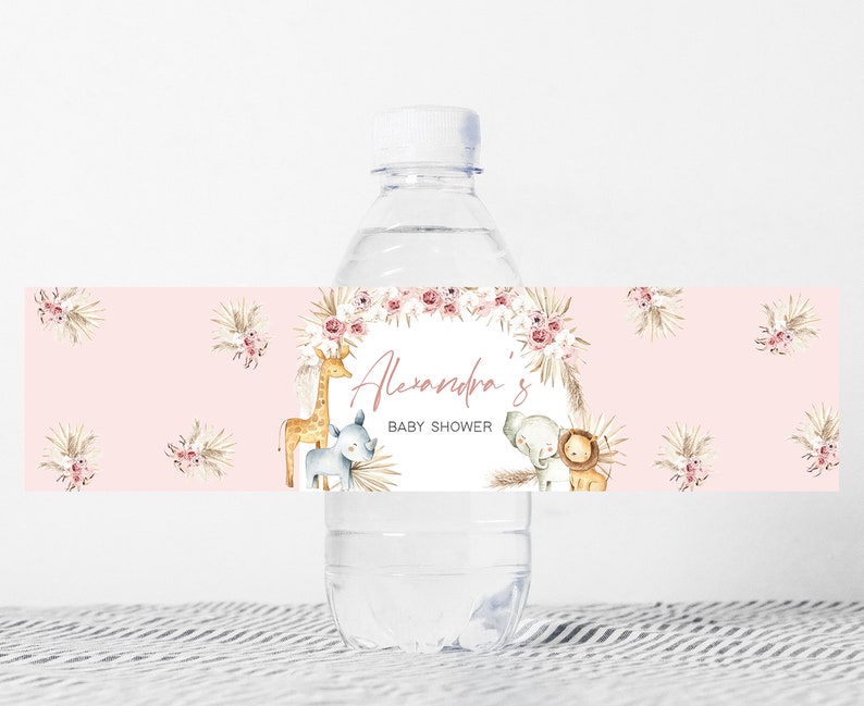 Editable Boho Safari Baby Shower Bottle Label, Pink Floral Jungle Baby Shower Water Labels, Girl Safari Animals Boho Bottle Stickers, 0309 image 1