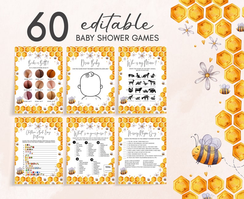 Bundle modifiable de jeux de baby shower d'abeilles, pack de jeux de baby shower d'abeilles douces comme possible, modèle imprimable de jeux de bébé d'abeilles de miel de genre neutre 0238 image 1