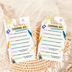 Editable Teacher&#39;s Survival Kit Favor Tags, First Day of School Gift Tags, Meet the Teacher Gift Tag, Printable Teacher Thank You Tag, 93SE