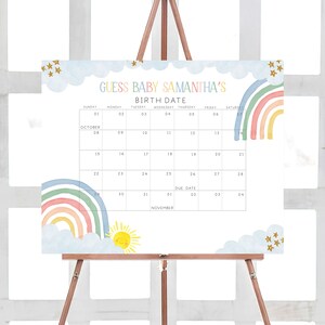 Bearbeitbarer Pastellregenbogen-Babypartykalender, kleiner Sonnenstrahl Babyparty-Fälligkeitskalender, geschlechtsneutrale druckbare Vorlage 0250