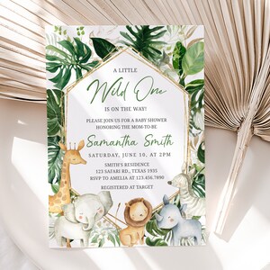 Editable Wild One Baby Shower Invitation Set, Greenery Safari Jungle Baby Shower Invite Pack, Boy Jungle Safari Animals Invite Template 0311 image 3