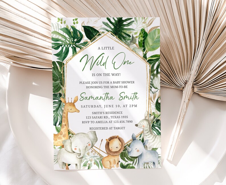 Editable Wild One Baby Shower Invitation Set, Greenery Safari Jungle Baby Shower Invite Pack, Boy Jungle Safari Animals Invite Template 0311 image 3