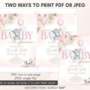 Editable Boho Elephant Baby Shower Invitation, Girl Pink Elephant Baby Shower Invite, Pink Floral Pampas Grass Baby Shower Invitation, 0619 image 3