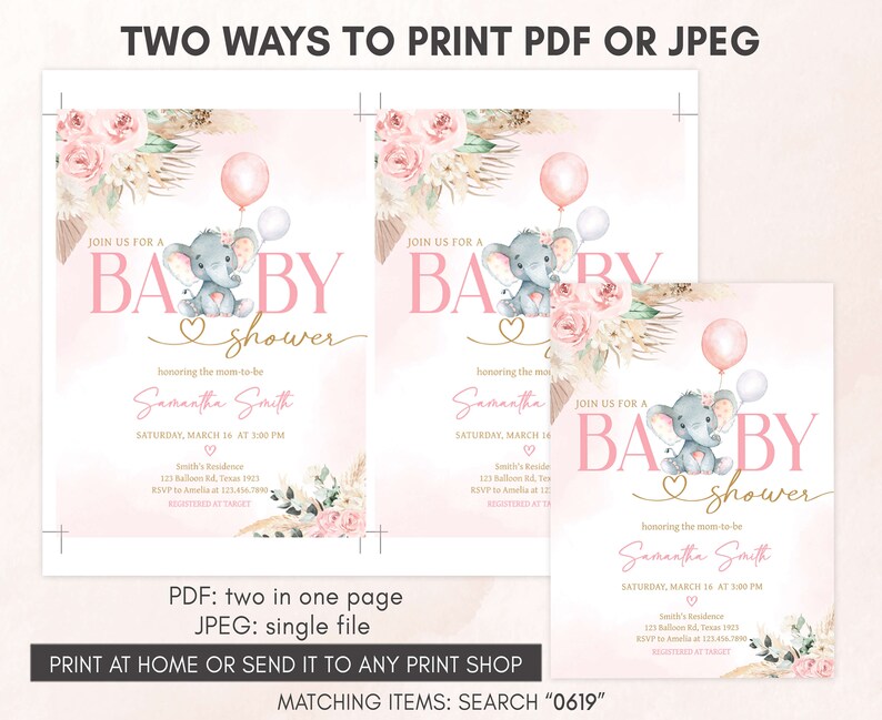 Editable Boho Elephant Baby Shower Invitation, Girl Pink Elephant Baby Shower Invite, Pink Floral Pampas Grass Baby Shower Invitation, 0619 image 3
