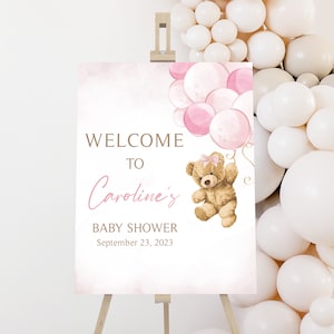 Signo de bienvenida editable del baby shower del globo del oso de la niña, cartel de bienvenida del baby shower del oso de peluche rosa 0422
