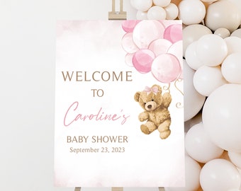 Editable Girl Bear Balloon Baby Shower Welcome Sign, We Can Bearly Wait Baby Shower Welcome Poster, Pink Teddy Bear Baby Shower Sign 0422