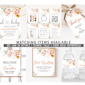 K&ouml;nnte beinhalten: Ein Set mit druckbaren Babyparty-Dekorationen mit einem floralen Design mit Pfirsich- und gelben Blumen. Das Set beinhaltet ein Willkommens-Schild, ein "Sag nicht Baby"-Spiel, Wasserflaschenetiketten und ein Dankesch&ouml;n-Etikett. Der Text auf dem Willkommens-Schild lautet "Willkommen zur Babyparty von Samantha am 15. M&auml;rz 2000".