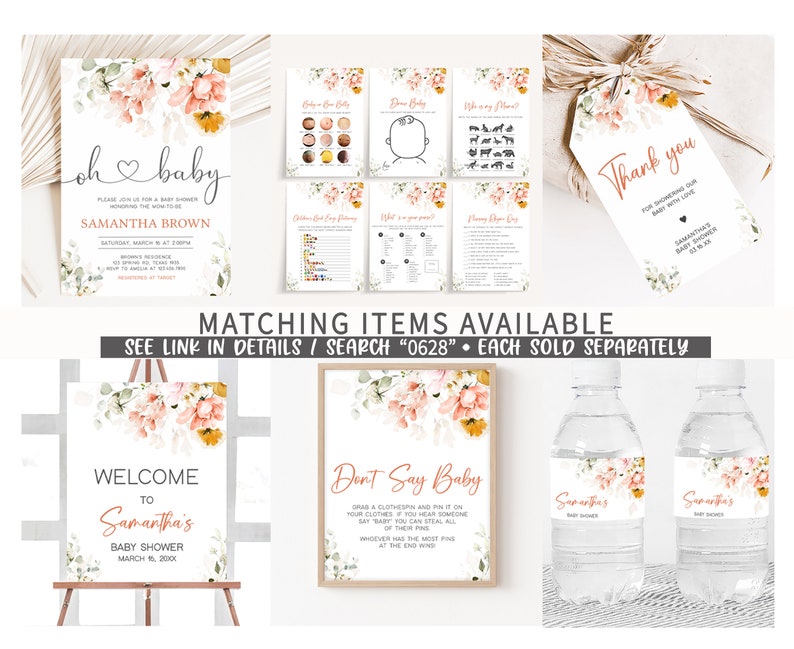 K&ouml;nnte beinhalten: Ein Set mit druckbaren Babyparty-Dekorationen mit einem floralen Design mit Pfirsich- und gelben Blumen. Das Set beinhaltet ein Willkommens-Schild, ein "Sag nicht Baby"-Spiel, Wasserflaschenetiketten und ein Dankesch&ouml;n-Etikett. Der Text auf dem Willkommens-Schild lautet "Willkommen zur Babyparty von Samantha am 15. M&auml;rz 2000".