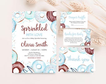 Editable Blue Donut Baby Sprinkle Invitation Bundle, Sprinkled with Love Baby Shower Invite Set, Donuts and Diapers Baby Shower Invite 01068